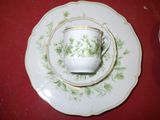a plate with a cup and saucer on it on a table