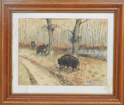 une peinture à l'huile représentant deux ours noirs marchant sur un chemin de terre