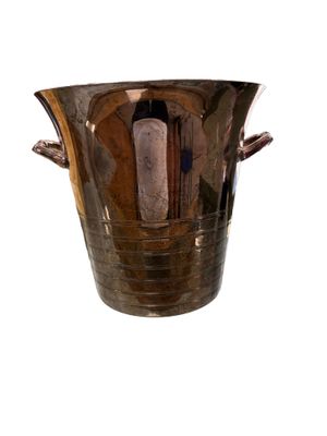 a silver vase with a handle on a white background