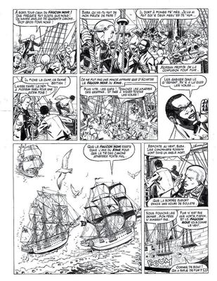 une bande dessinée en noir et blanc représentant un bateau sur l'eau