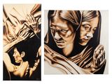 Deux tableaux représentant une femme et un homme sont présentés en noir et blanc