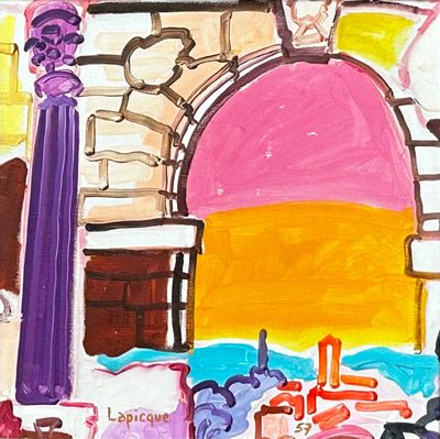 une peinture représentant un bâtiment surmonté d'une horloge
