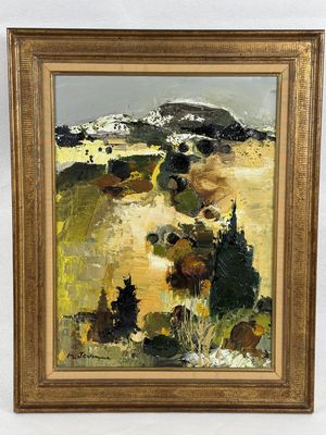 an oil painting of a landscape with hills and trees in a gold frame