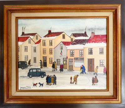 tableau représentant une scène de rue avec des personnes, des voitures et une voiture