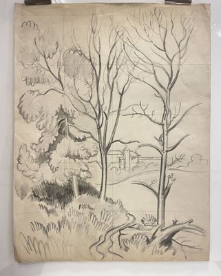 drawing of a landscape with trees and a house in the distance