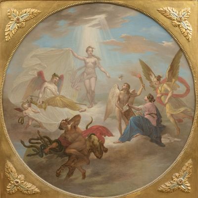 painting of a painting of angels and demons in a landscape