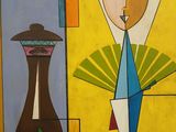 a painting of a woman with a hat and a vase on a table