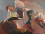 une peinture à l'huile représentant un groupe de personnes assises sur un canapé