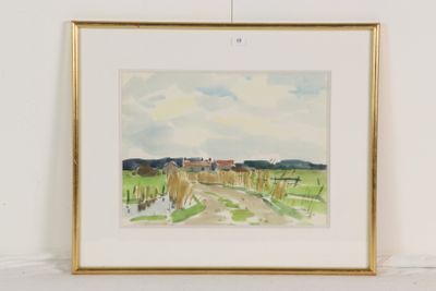 aquarelle encadrée représentant une scène de campagne avec une maison au loin