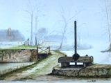 une aquarelle représentant une vieille pompe à eau au bord de la route