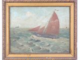 une peinture à l'huile représentant un voilier en pleine mer, avec d'autres bateaux en arrière-plan