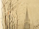 a picture of a painting of a church in the snow