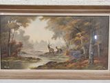 painting of a deer in a wooded setting with a stream
