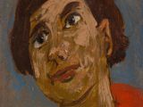 une peinture à l'huile représentant une femme en chemise rouge qui lève les yeux