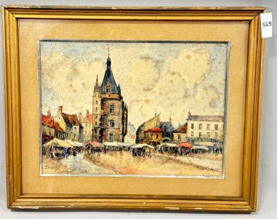 une image d'une peinture représentant une scène de rue avec une église en arrière-plan