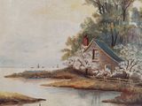 an oil painting of a boat on a river with a house in the background
