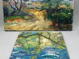 two paintings of a landscape with a mountain in the background
