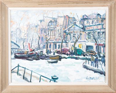 un tableau représentant des bateaux sur l'eau, sous la neige