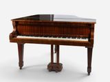 an old piano with a black top and a wooden stand