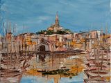 painting of boats in a harbor with a church in the background