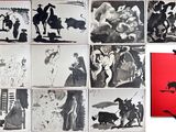 plusieurs photos en noir et blanc représentant des personnes et des animaux accrochées au mur