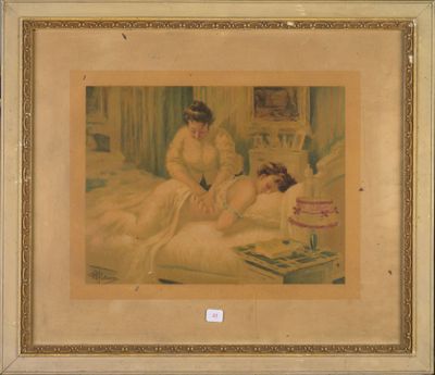 painting of a woman in a white dress sitting on a bed next to a woman in a white dress