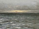 an oil painting of a boat in the ocean near the shore