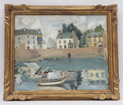 une peinture à l'huile représentant un bateau sur un plan d'eau avec des bâtiments à l'arrière-plan