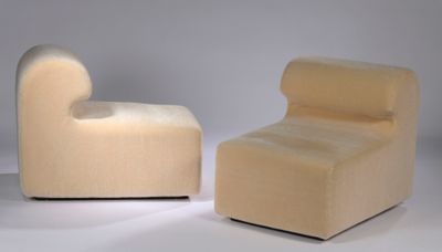 pair of modern chairs with curved backrests on a white surface
