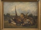 painting of dead birds in a field with a sky background