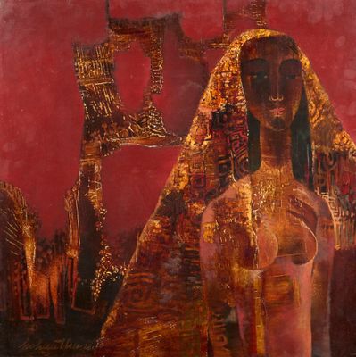 une peinture à l'huile représentant une femme debout devant un fond rouge