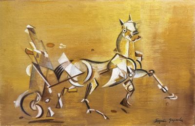 painting of a horse pulling a cart with a man in it