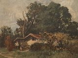 an image of a painting of a house in a field