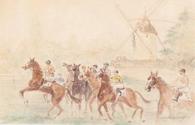 painting of a group of people riding horses in a field with a windmill in the background
