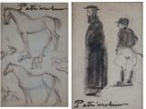 croquis représentant un homme et un cheval, réalisés par un homme portant un chapeau