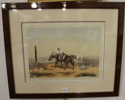 tableau représentant une course de chevaux, avec un homme à cheval et un autre homme à cheval