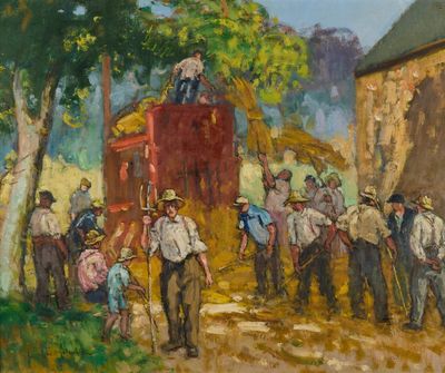 tableau représentant un groupe d'hommes rassemblés autour d'une calèche