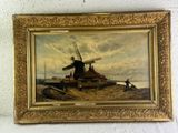 une peinture à l'huile représentant un moulin à vent sur une plage, au bord d'un plan d'eau