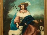 painting of a woman with a dog and sheep in a landscape