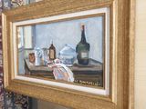 une peinture représentant une nature morte avec une bouteille de vin posée sur une table