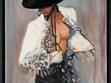 an oil painting of a woman wearing a black hat and a white shirt