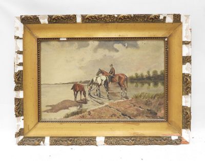 painting of two horses and a man on a river bank