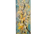 une peinture abstraite représentant un arbre aux fleurs jaunes sur fond bleu