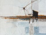 a painting of a boat on the water with a building in the background