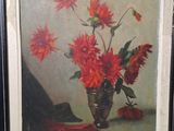 painting of red flowers in a black vase on a table