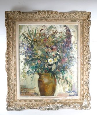 a painting of flowers in a vase on the wall