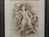dessin représentant une femme nue assise sur une chaise, les jambes croisées