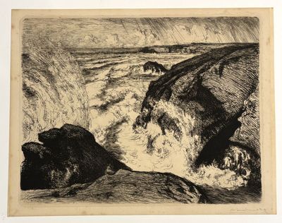 an image of a black and white drawing of waves crashing over rocks