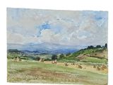watercolor painting of a field with hay bales and mountains in the distance