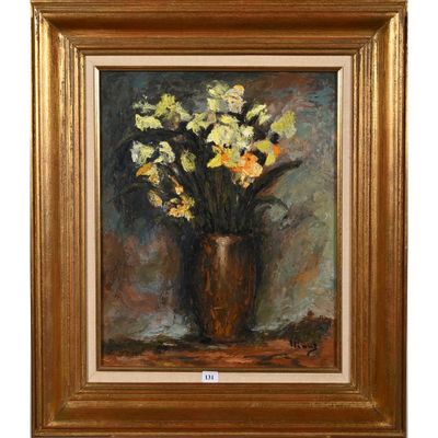 une peinture à l'huile représentant des jonquilles dans un vase posé sur une table